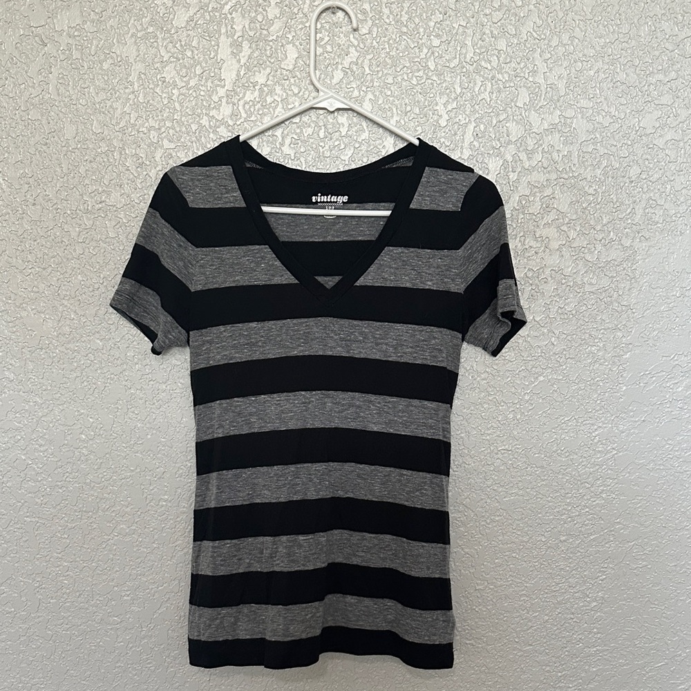 Old Navy Black and Gray Striped V-Neck Tee